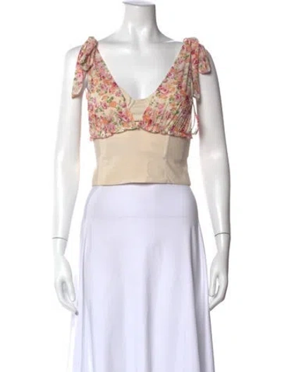 Pre-owned Lpa Floral Print V-neck Crop Top In Neutral