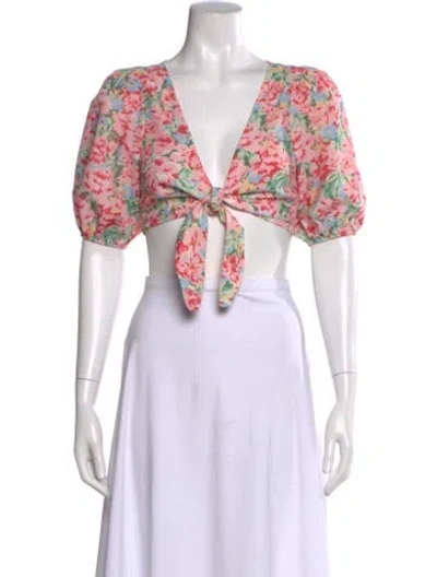 Pre-owned Lpa Floral Print V-neck Crop Top In White