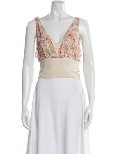 Pre-owned Lpa Floral Print V-neck Top In Neutral