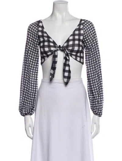 Pre-owned Lpa Plaid Print V-neck Crop Top In White