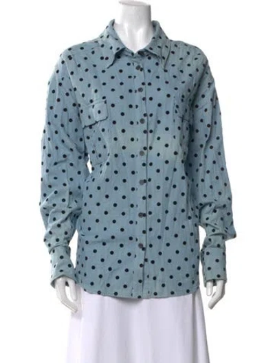 Pre-owned Lpa Polka Dot Print Long Sleeve Button-up Top In Blue