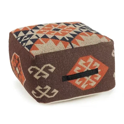 Lr Home Ashford Handmade Cotton Blend Medium Pouf Geometric Ottoman In Brown