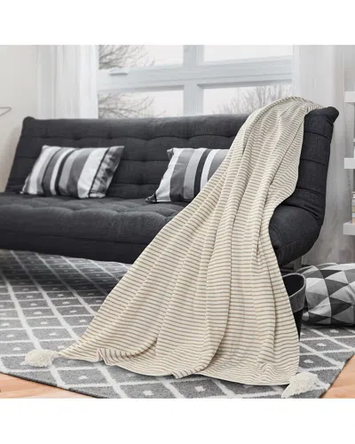 Lr Home Beige And Ivory Striped Throw Blanket With Tassels