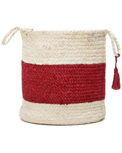 Lr Home Bold Striped Light Jute Red Decorative Storage Basket In Multi