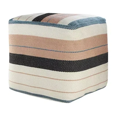 Lr Home Caerwyn Handmade Polyester Large Pouf Striped Ottoman In White