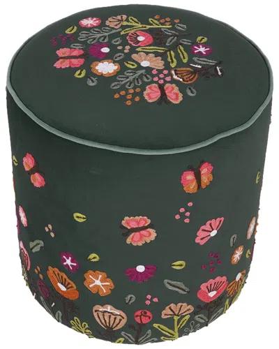 Lr Home Dahlia Velvet Floral Embroidered Handmade Ottoman In Multi