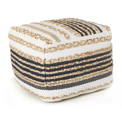 Lr Home Elmo Handmade Jute Blend Medium Pouf Striped Ottoman In White