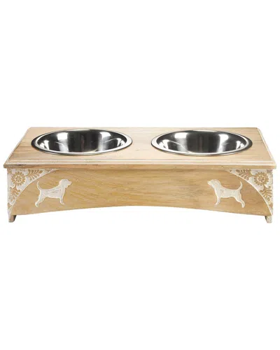 Lr Home Handmade Engraved Wood Elevated Double Pet Feeder In Brown