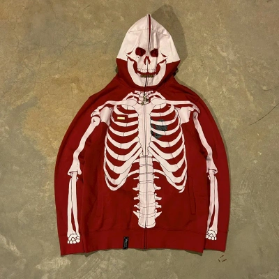 Pre-owned Lrg X Vintage Crazy Vintage Y2k Lrg Dead Serious Skeleton Full Zip Hoodie In Red