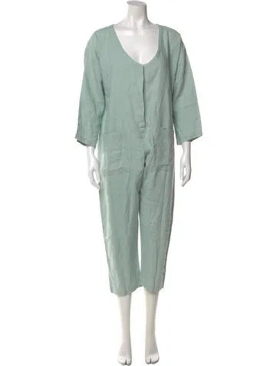Pre-owned Lrnce Linen Plunge Neckline Jumpsuit In Green
