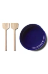 Lsa Collective Salad Glass Bowl With Wooden Servers In Blue