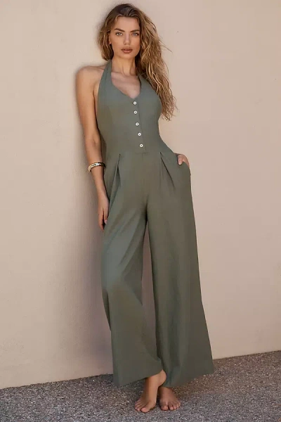 L*space Alena Halter Wide-leg Linen Jumpsuit In Green