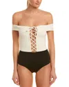 L*SPACE ANJA OFF THE SHOULDER LACE UP TIE ONE-PIECE SWIMSUIT IN CREAM/BLACK