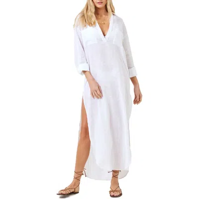 L*space Lspace Capistrano Long Sleeve Linen Cover-up Tunic Dress In White