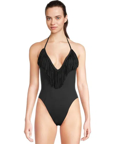 L*space Desert Days Swimsuit Womens Black Stretch Fringe One-piece Red311