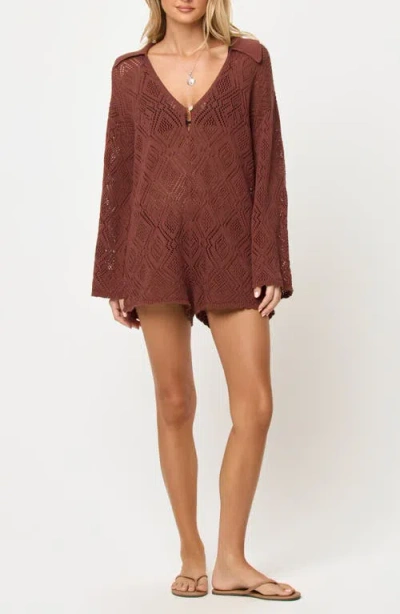 L*space Lspace Golden Daze Open Stitch Cotton Cover-up Romper In Brown