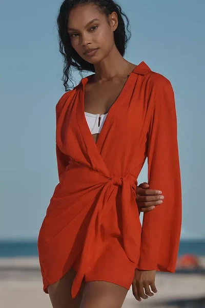 L*space Las Palmas Long-sleeve Wrap Mini Dress In Red