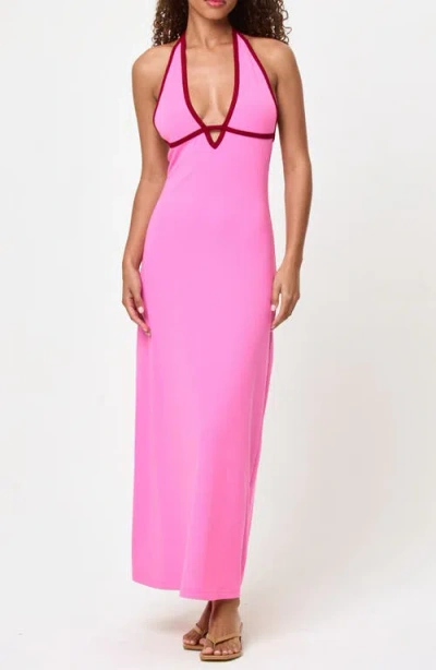 L*space Lspace Shea Contrast Binding Halter Rib Maxi Cover-up Dress In Pink