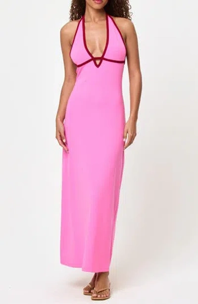 L*space Lspace Shea Contrast Binding Halter Rib Maxi Cover-up Dress In Hottest Pink/ Simmer