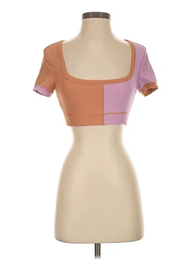 Pre-owned L*space Short Sleeve Top Tan Color Block Pattern Square Neckline Tops