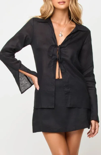 L*space Lspace Venice Tie Front Linen Cover-up Shirt In Black