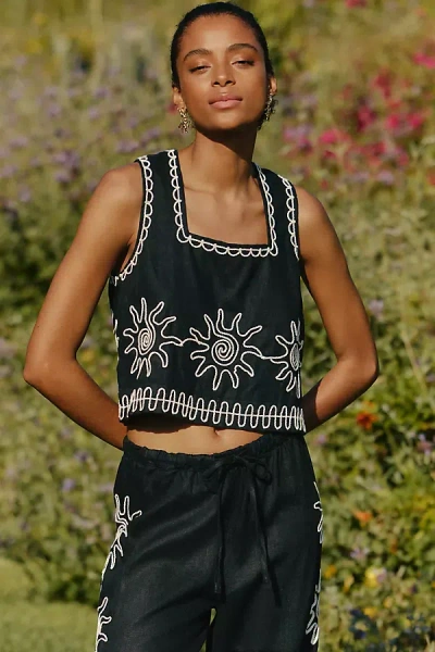 L*space X Rails Akira Linen Embroidered Cropped Top In Black