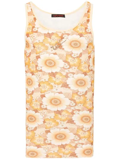Lựu Đạn Floral-print Ribbed Tank Top In Yellow