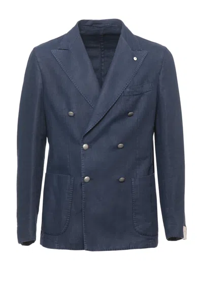 Lubiam Blue Herringbone Double-breasted Blazer
