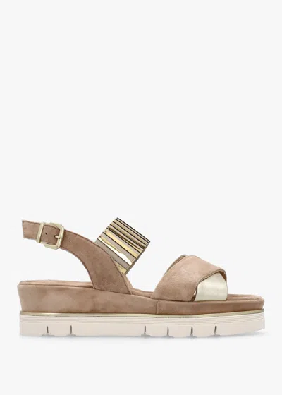 Luca Grossi Beige Suede Metallic Strap Low Wedge Sandals In Brown