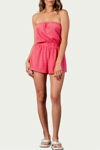 Lucca Anise Strapless Cotton-terry Romper In Pink/orange Stripe