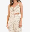 Lucca Boho Crop Ruffle Strap Floral Print Blouse In Tan In Multi