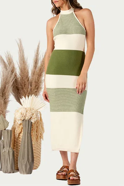 Lucca Brizo Knitted Halterneck Midi Dress In Ivory/green In Beige