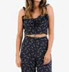 Lucca Crop Ruffle Strap Boho Floral Print Blouse In Navy Blue In Blue
