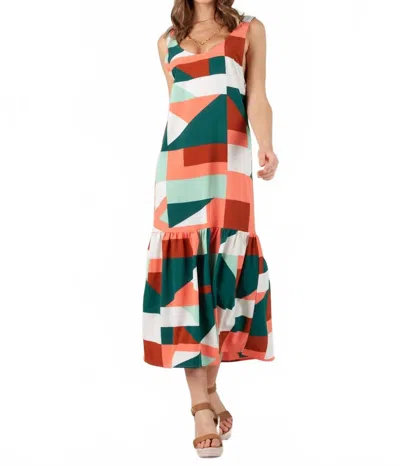 Lucca Ember Low Back Ruffle Hem Maxi Dress In Green Coral Geo In Multi