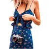 Lucca Vanessa Front Tie Cherry Print Ruffle Dress In Navy Blue In Blue