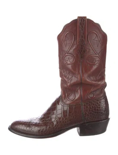 Pre-owned Lucchese Alligator Embroidered Accent Western Boots In Brown