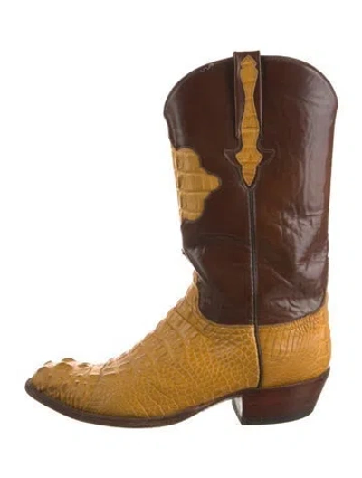 Pre-owned Lucchese Crocodile Colorblock Pattern Western Boots In Brown