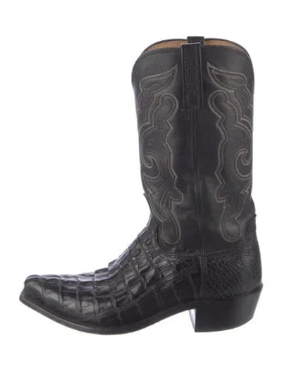 Pre-owned Lucchese Crocodile Embroidered Accent Western Boots In Blue