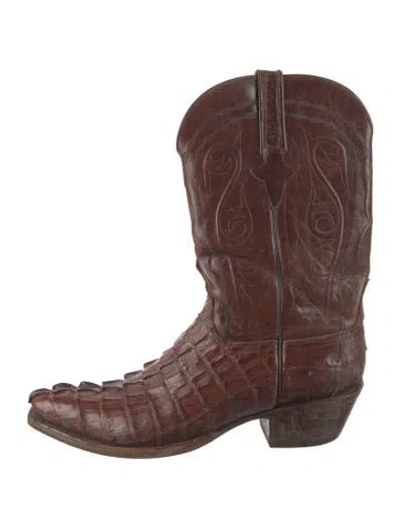 Pre-owned Lucchese Crocodile Embroidered Accent Western Boots In Brown