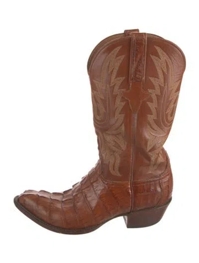 Pre-owned Lucchese Crocodile Embroidered Accent Western Boots In Neutral