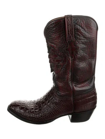 Pre-owned Lucchese Embossed Leather Embroidered Accent Western Boots In Burgundy