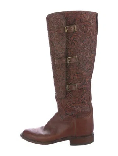 Pre-owned Lucchese Embossed Leather Riding Boots In Brown