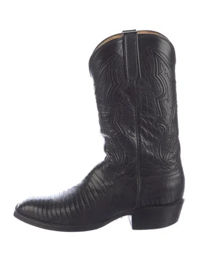 Pre-owned Lucchese Embossed Leather Western Boots In Blue