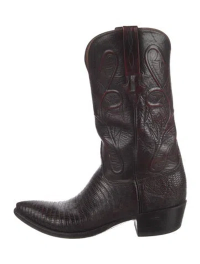 Pre-owned Lucchese Embossed Leather Western Boots In Burgundy