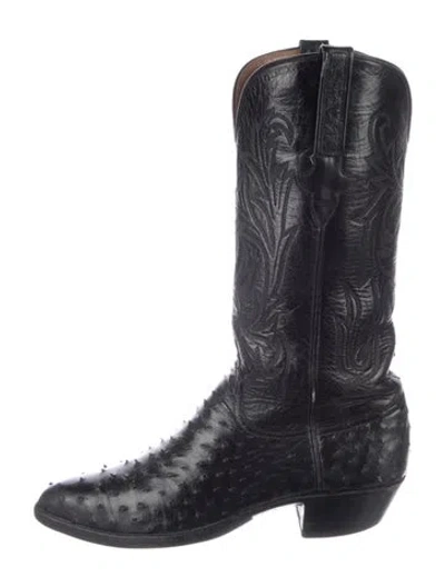 Pre-owned Lucchese Leather Animal Print Western Boots In Black