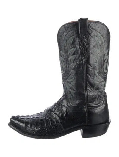 Pre-owned Lucchese Leather Animal Print Western Boots In Black