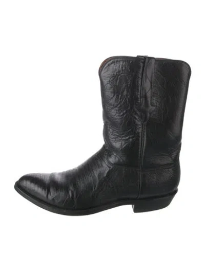 Pre-owned Lucchese Leather Animal Print Western Boots In Black