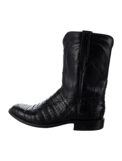 Pre-owned Lucchese Leather Animal Print Western Boots In Black