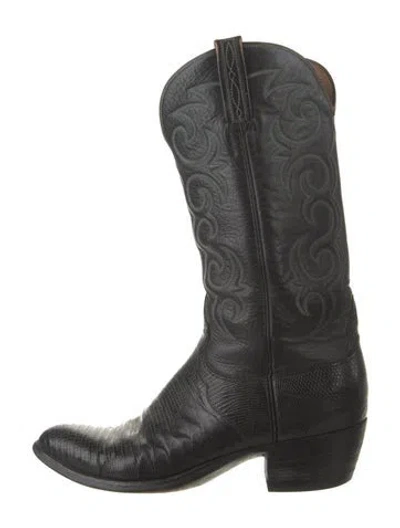Pre-owned Lucchese Leather Animal Print Western Boots In Black