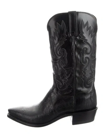 Pre-owned Lucchese Leather Animal Print Western Boots In Black